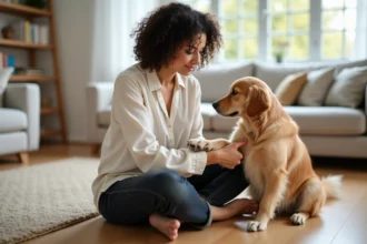 Femme examinant la patte de son golden retriever à la maison, illustrant le soin apporté à la santé d'un chien avec une mutuelle adaptée