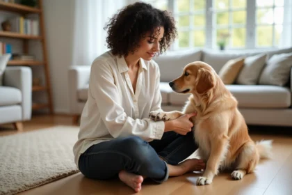 Femme examinant la patte de son golden retriever à la maison, illustrant le soin apporté à la santé d'un chien avec une mutuelle adaptée