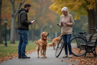 Femme avec son chien dans un parc en automne