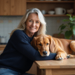 Femme assise avec son chien retriever dans une cuisine chaleureuse