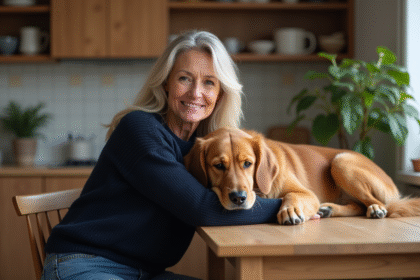 Femme assise avec son chien retriever dans une cuisine chaleureuse