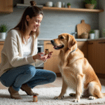 Femme souriante avec son chien dans la cuisine moderne