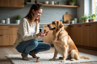 Femme souriante avec son chien dans la cuisine moderne