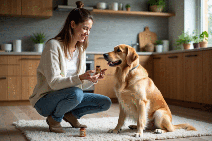 Femme souriante avec son chien dans la cuisine moderne