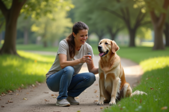 Femme et chien dans un parc avec vitamine D
