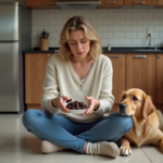 Femme inquiète avec chien et chocolat dans la cuisine