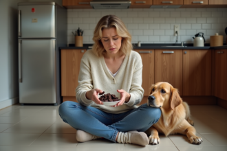 Femme inquiète avec chien et chocolat dans la cuisine