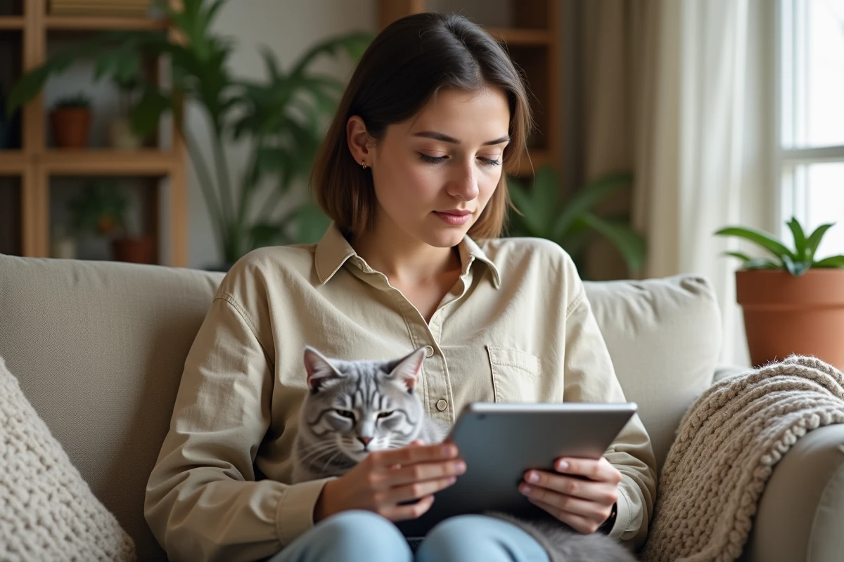 Jeune femme comparant des annonces de chats Korat sur une tablette avec son chat sur les genoux