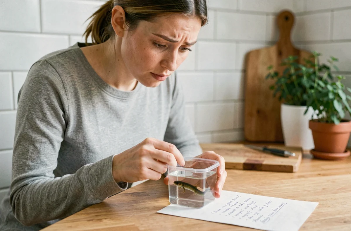 Femme vérifiant les erreurs de nourrissage d'un têtard en comparant des conseils écrits dans sa cuisine
