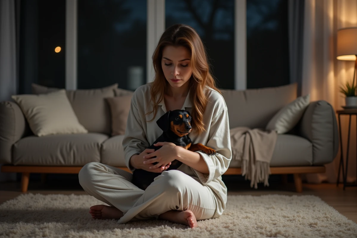 Femme en pyjama tenant un chiot teckel inquiet