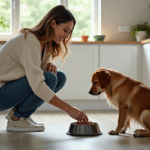 Femme en cuisine donnant à son chien une gamelle équilibrée