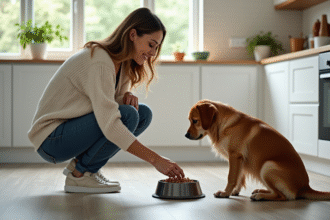 Femme en cuisine donnant à son chien une gamelle équilibrée