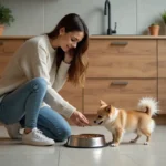 Femme versant des croquettes pour son chien dans la cuisine