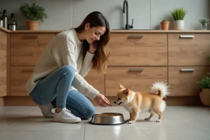 Femme versant des croquettes pour son chien dans la cuisine