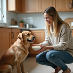 Femme souriante dans la cuisine avec son chien et un bol de riz