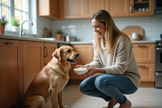 Femme souriante dans la cuisine avec son chien et un bol de riz