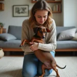 Femme assise avec un chiot dachshund dans un salon moderne