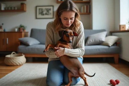 Femme assise avec un chiot dachshund dans un salon moderne