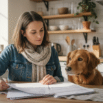 Femme avec chien et documents d'assurance animaux
