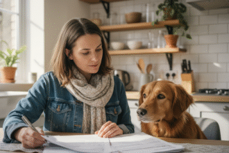 Femme avec chien et documents d'assurance animaux