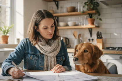 Femme avec chien et documents d'assurance animaux
