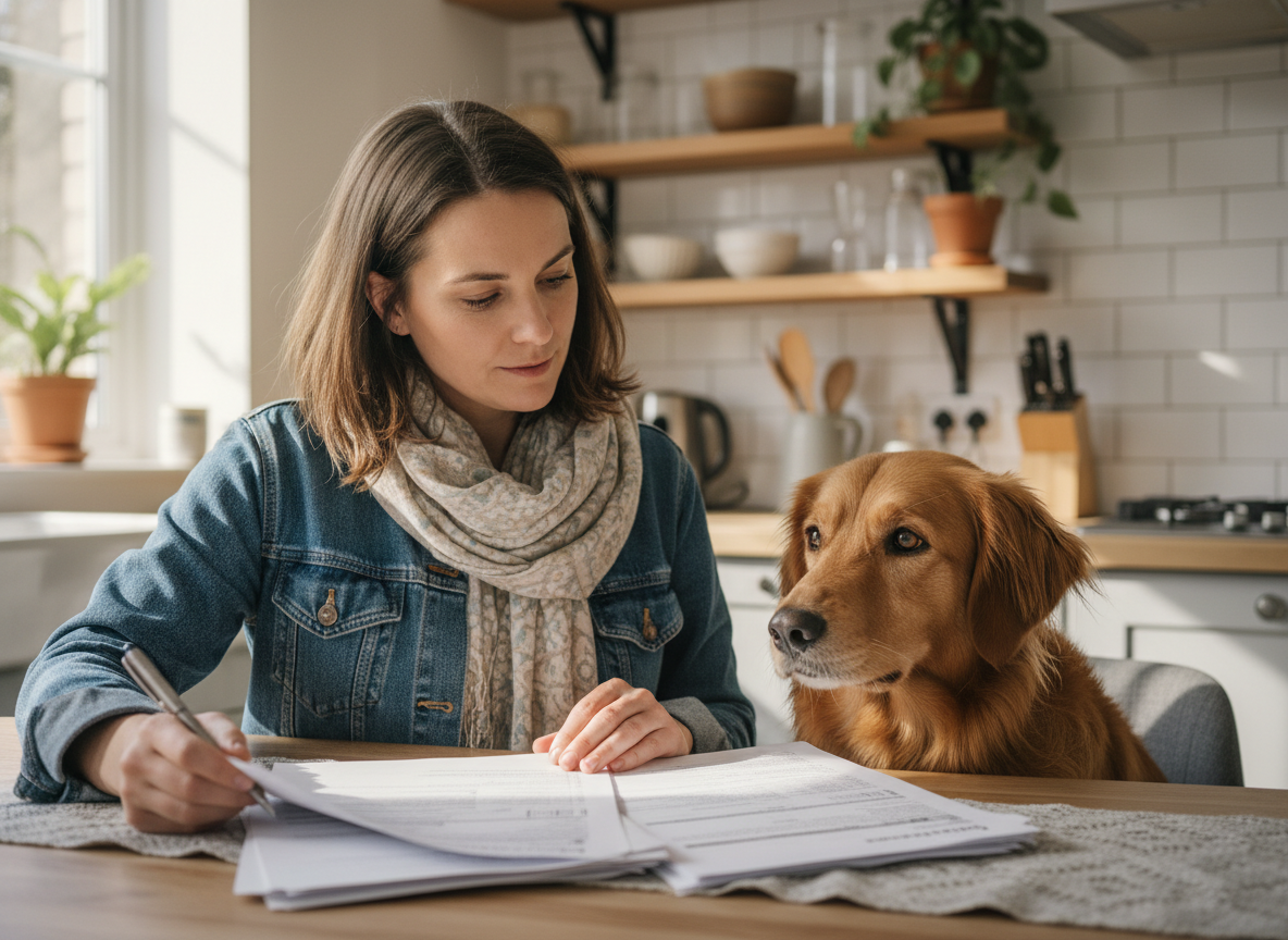 Femme avec chien et documents d'assurance animaux