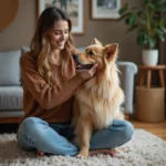 Femme souriante caressant un chien long poil dans un salon chaleureux