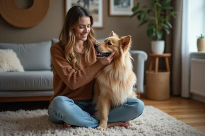 Femme souriante caressant un chien long poil dans un salon chaleureux