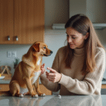 Femme donnant une pilule à un chien dans la cuisine chaleureuse