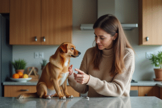 Femme donnant une pilule à un chien dans la cuisine chaleureuse