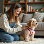 Jeune femme en overalls ajuste un harnais féerique à un chien