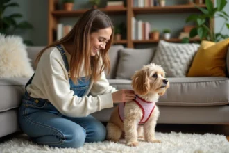 Jeune femme en overalls ajuste un harnais féerique à un chien