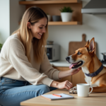 Femme et chien assis à la maison dans une cuisine chaleureuse