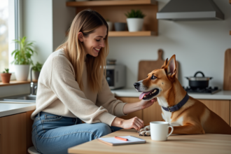 Femme et chien assis à la maison dans une cuisine chaleureuse