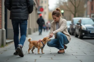 Femme réconfortant son chien en ville après une petite blessure
