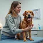 Jeune femme réconfortant son chien dans une clinique vétérinaire