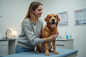 Jeune femme réconfortant son chien dans une clinique vétérinaire