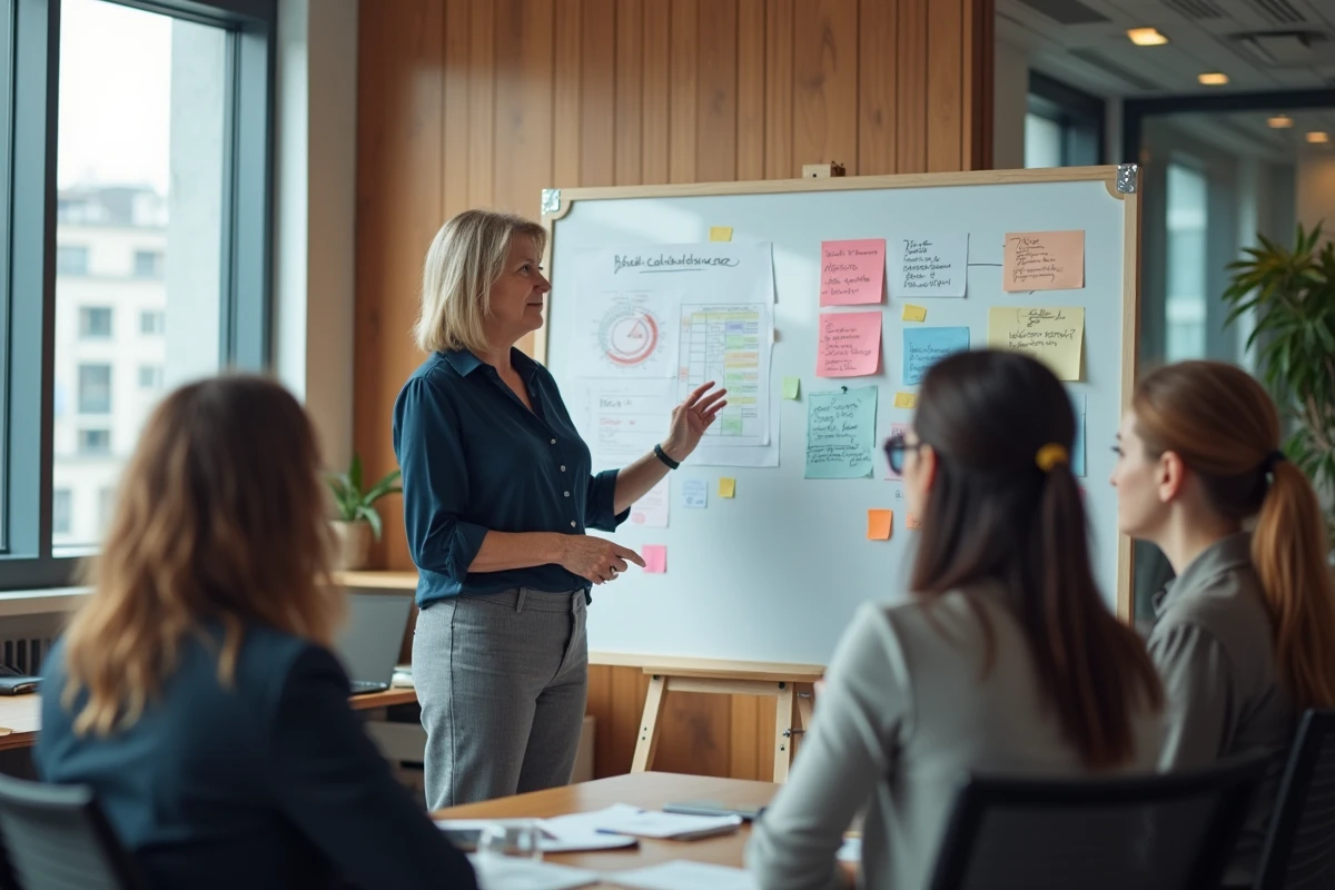 Femme manager expliquant un plan avec des notes colorées