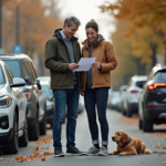 Femme et homme remplissant un constat d'accident avec leur chien
