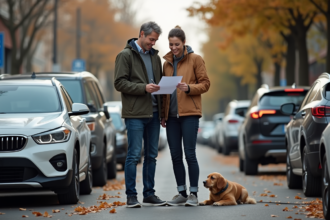 Femme et homme remplissant un constat d'accident avec leur chien