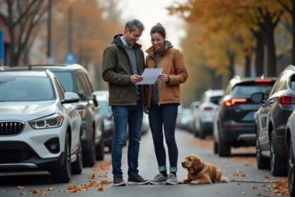 Femme et homme remplissant un constat d'accident avec leur chien
