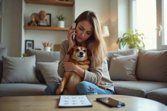 Femme inquiète tenant son chien blessé dans ses bras