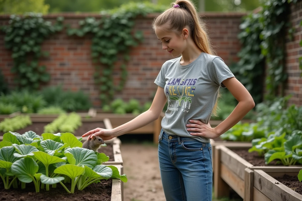 Jeune femme pointe une souris dans un jardin potager en extérieur