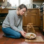 Femme regardant son chat et sa nourriture dans la cuisine