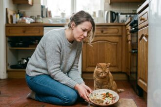 Femme regardant son chat et sa nourriture dans la cuisine