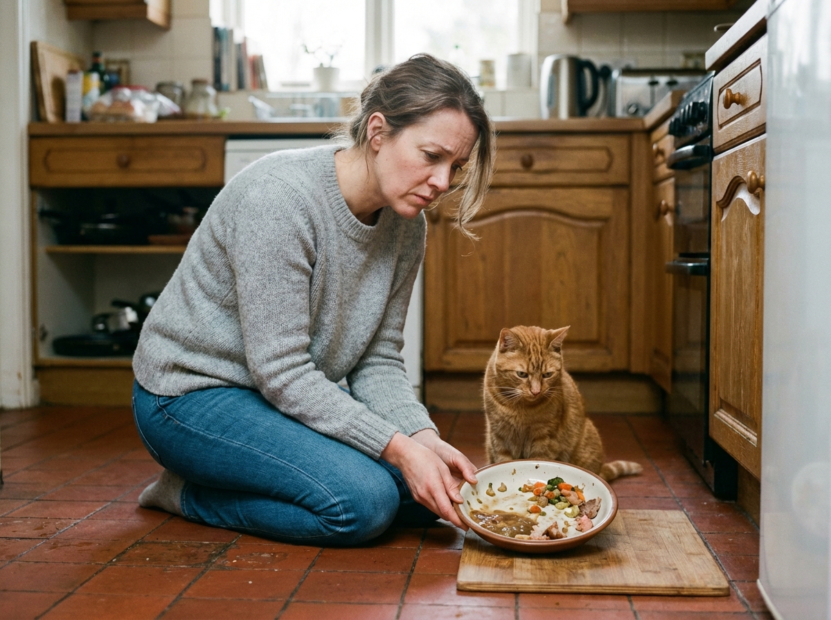 Femme regardant son chat et sa nourriture dans la cuisine