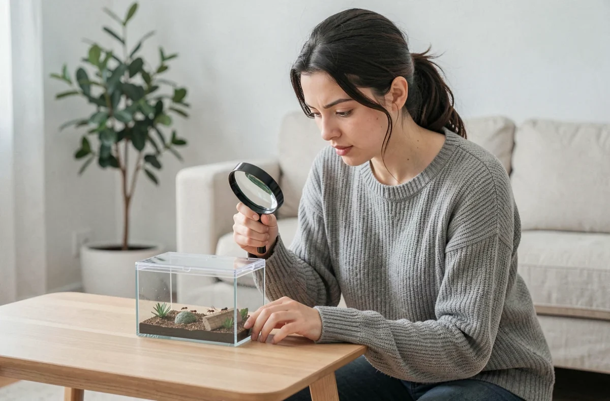 Femme observant un kit fourmilière avec loupe dans un salon moderne pour étude scientifique à la maison