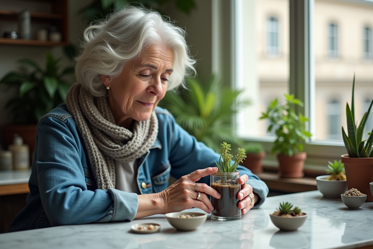Femme âgée plaçant une succulente dans un terrarium dans un atelier lumineux