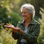 Femme dans un jardin observant une mante religieuse sur sa main