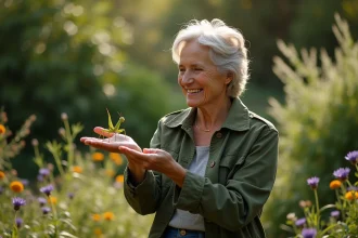 Femme dans un jardin observant une mante religieuse sur sa main